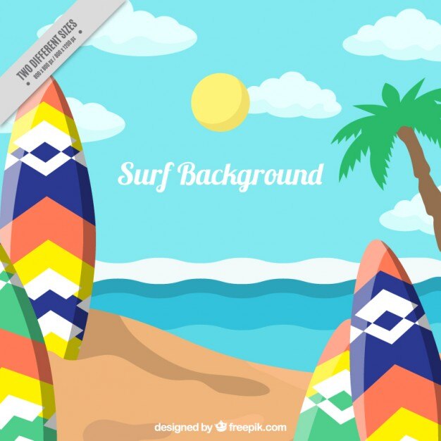 Fondo de paisaje de playa con tablas de surf coloridas
