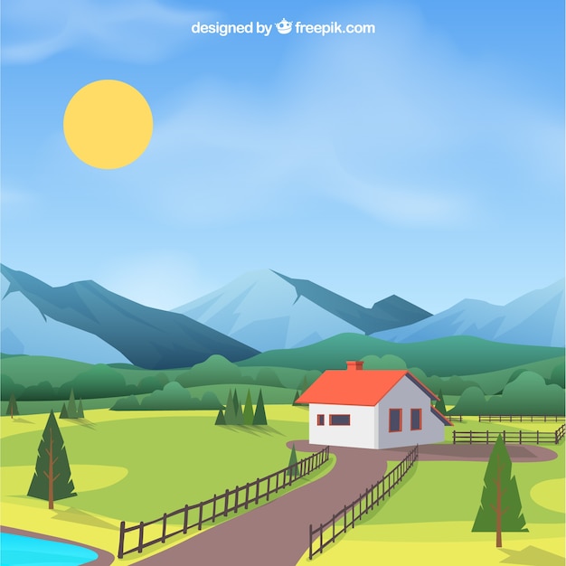 Vector gratuito fondo de paisaje de primavera con casa