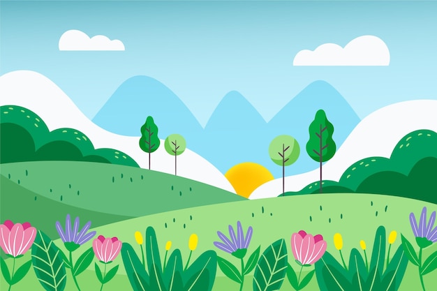 Fondo de paisaje de primavera hermosa dibujada