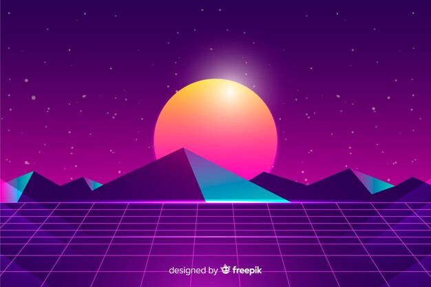 Fondo con paisaje retro futurista de ciencia ficción, color morado