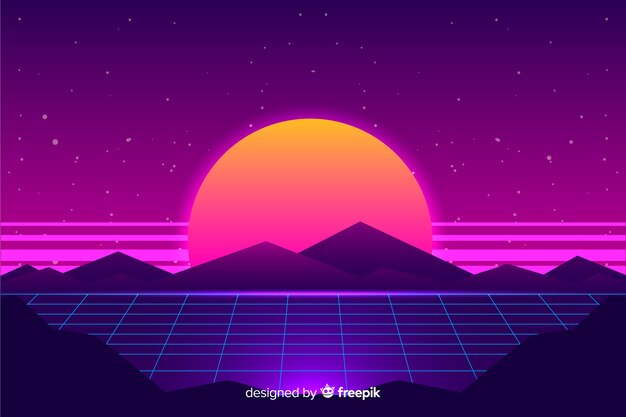 Fondo con paisaje retro futurista de ciencia ficción, color morado