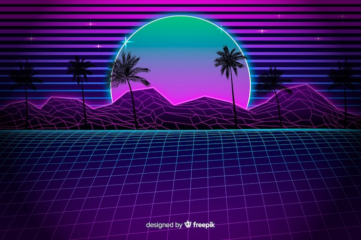Vector gratuito fondo de paisaje retro futurista con palmeras