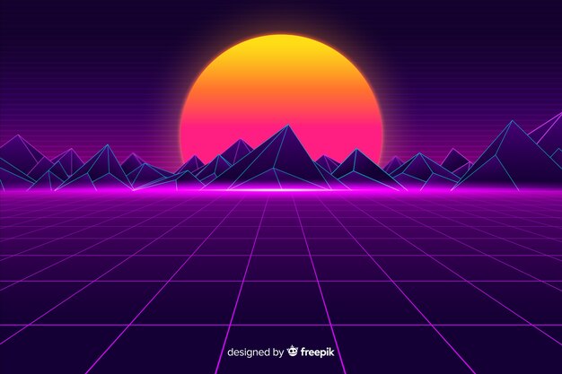 Fondo de paisaje retro futurista con sol