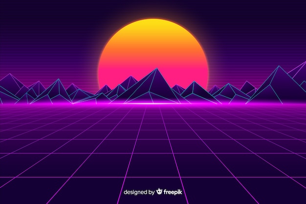 Fondo de paisaje retro futurista con sol
