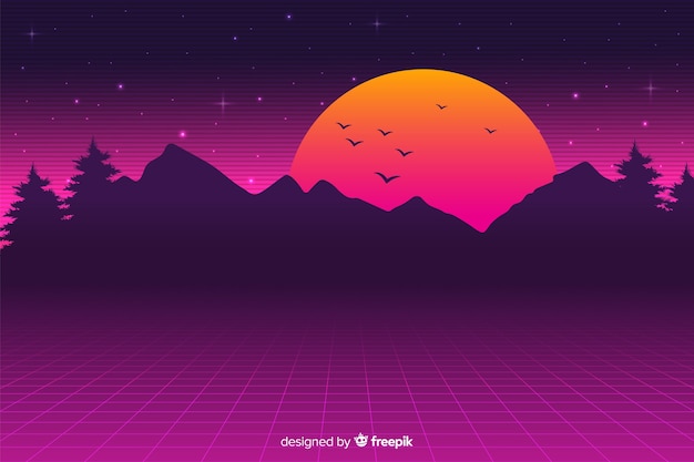 Fondo de paisaje retro futurista con sol