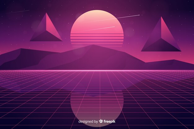 Fondo de paisaje retro futurista con sol