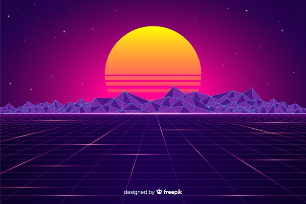 Fondo de paisaje retro futurista con sol