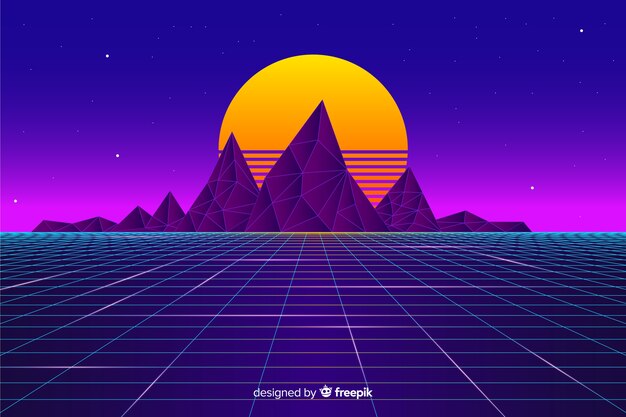 Fondo de paisaje retro futurista con sol