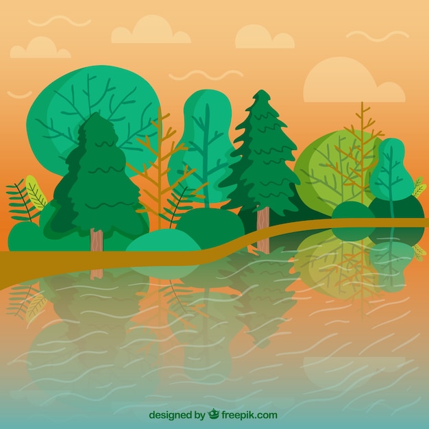 Vector gratuito fondo de paisaje de río con árboles verdes