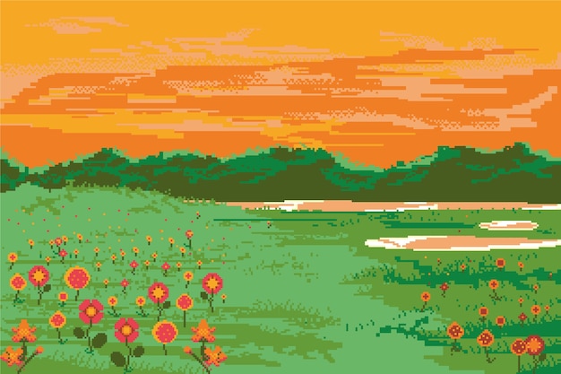 Vector gratuito fondo de paisaje rural de pixel art