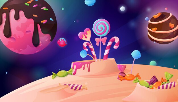 Fondo de paisaje del sistema solar de luna de caramelo con planetas de chocolate y piruletas en la ilustración de vector de dibujos animados de cráter lunar