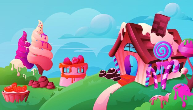 Fondo de paisaje de tierra de caramelo de fantasía de dibujos animados con casa dulce y árboles ilustración vectorial