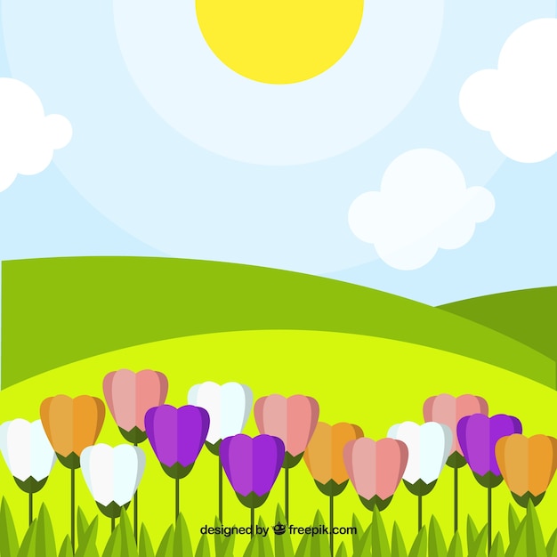 Vector gratuito fondo de paisaje con tulipanes de colores