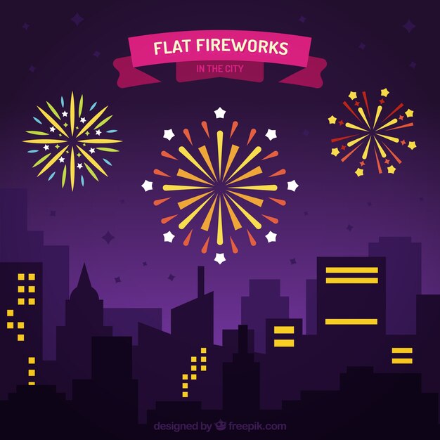 Fondo de paisaje urbano con fuegos artificiales