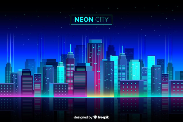 Vector gratuito fondo de paisaje urbano de neón plano