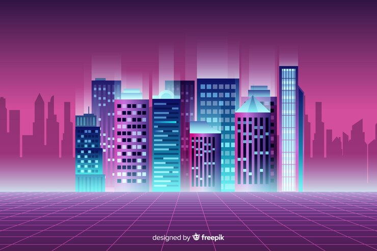 Vector gratuito fondo de paisaje urbano de neón plano