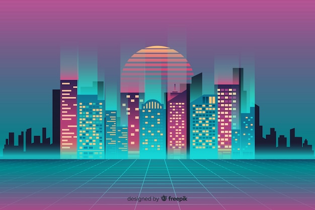 Vector gratuito fondo de paisaje urbano de neón plano