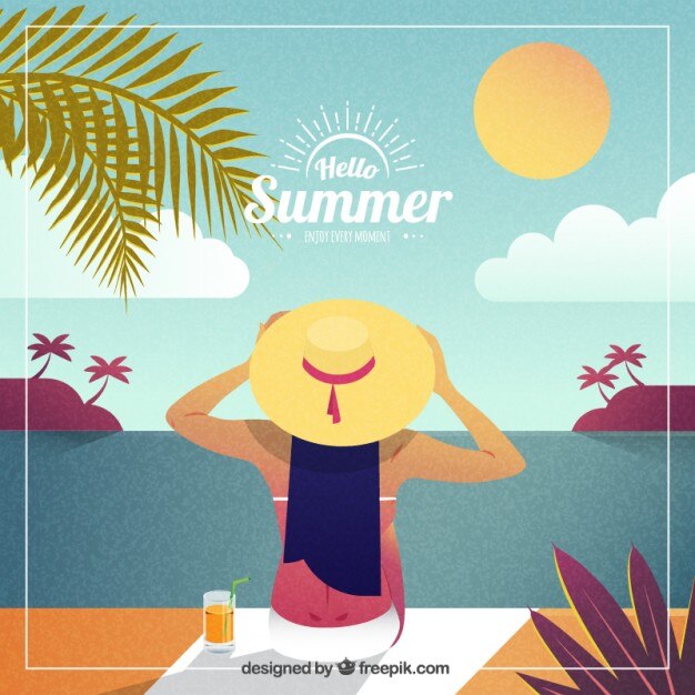 Fondo de paisaje de verano con mujer