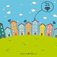 Vector gratuito fondo de paisje de casas con wifi gratis