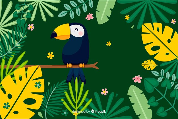 Fondo de pájaros y hojas tropicales en 2d