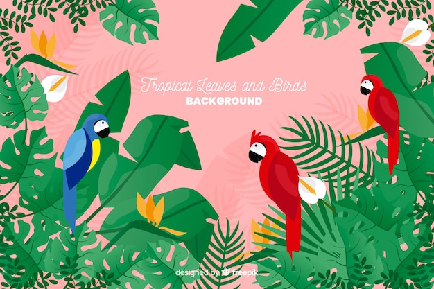 Vector gratuito fondo de pájaros y hojas tropicales en 2d