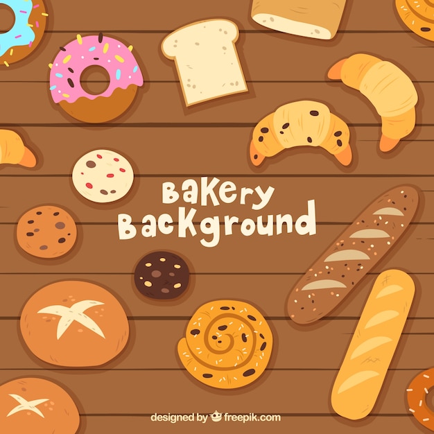 Vector gratuito fondo de panadería con dulces y pan en estilo plano