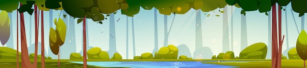 Fondo panorámico de bosque de dibujos animados con lago