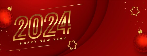 Fondo de pantalla de saludo de año nuevo 2024 con bola 3d y vector de estrella