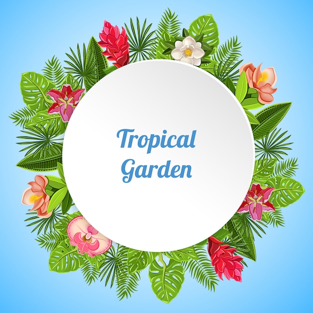 Vector gratuito fondo de paraíso tropical con composición de varias plantas, hojas y flores con plato blanco y texto