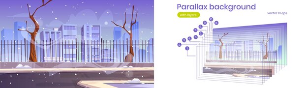 Fondo de paralaje con calle de la ciudad con nieve