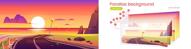 Vector gratuito fondo de paralaje con carretera, mar y puesta de sol