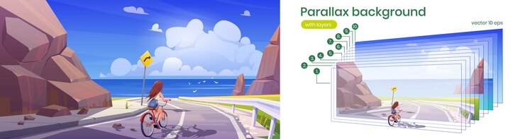 Vector gratuito fondo de paralaje con chica en bicicleta y paisaje marino