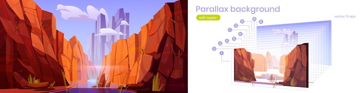 Vector gratuito fondo de paralaje gran cañón con río, parque nacional de arizona, montañas de arenisca roja, horizonte con rocas de arena y cielo, paisaje natural separado en capas para el juego, escena de dibujos animados 2d vector