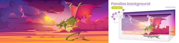 Fondo de paralaje para el juego, con dragón en el cielo, personaje fantástico animación en capas 2d, criatura mágica volando en el hermoso cielo con nubes púrpuras, escena de cuento de hadas Ilustración de vector de dibujos animados