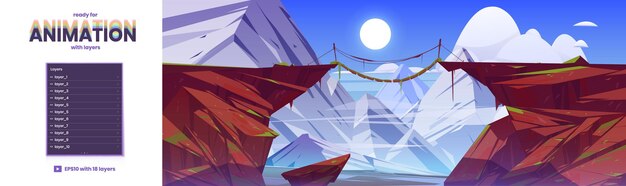 Fondo de paralaje con puente de cuerda en las montañas
