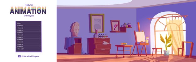 Fondo de paralaje con sala de artista de estudio de arte