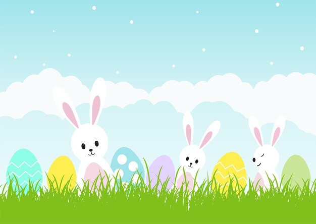 Vector gratuito fondo de pascua con lindos conejitos y huevos en un paisaje soleado