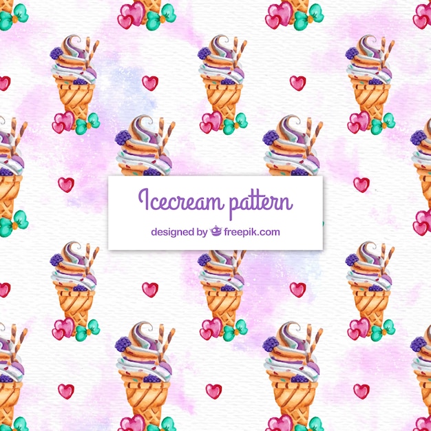 Vector gratuito fondo con patrón de conos de helado en acuarela