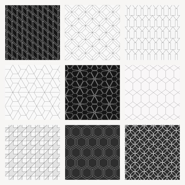 Fondo de patrón geométrico, conjunto de vectores de diseño abstracto en escala de grises