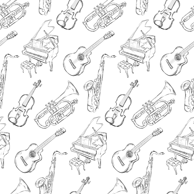 Vector gratuito fondo con patrón de instrumentos musicales dibujados a mano