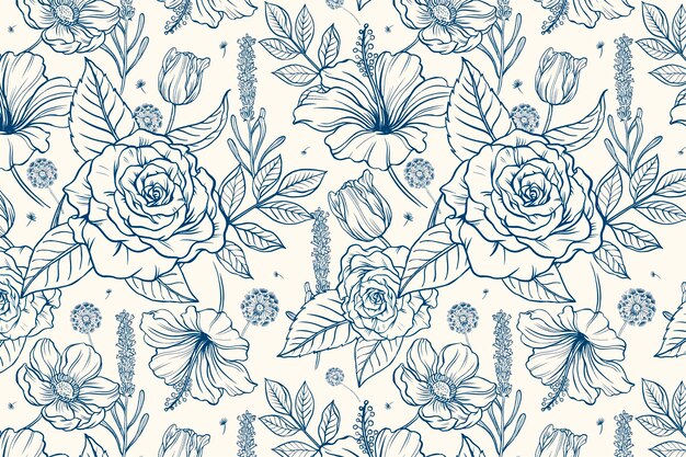 Fondo de patrón de rosa vintage, vector de ilustración botánica azul