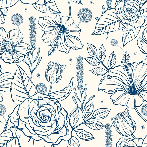 Fondo de patrón de rosa vintage, vector de ilustración botánica azul