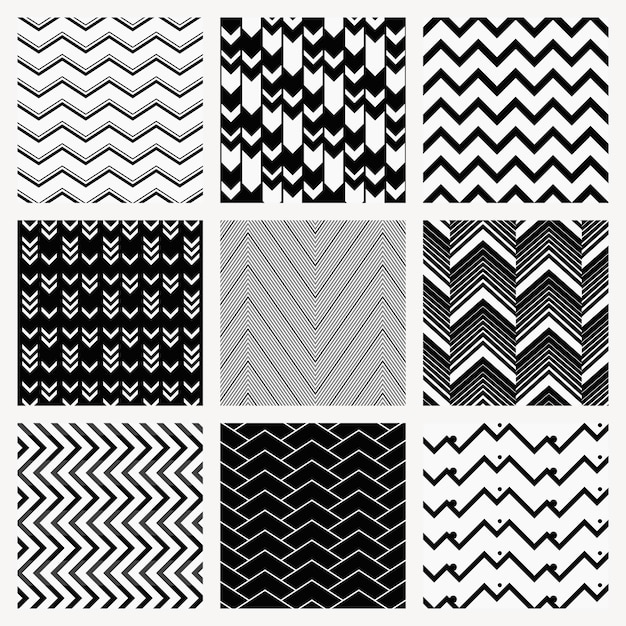 Fondo de patrón en zigzag, chevron negro, conjunto de vectores de diseño simple