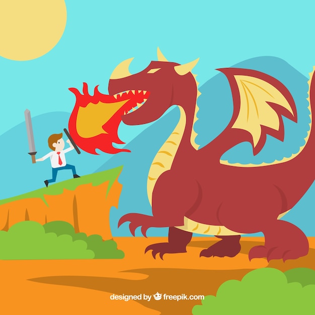 Vector gratuito fondo de personaje de negocios luchando con un dragón