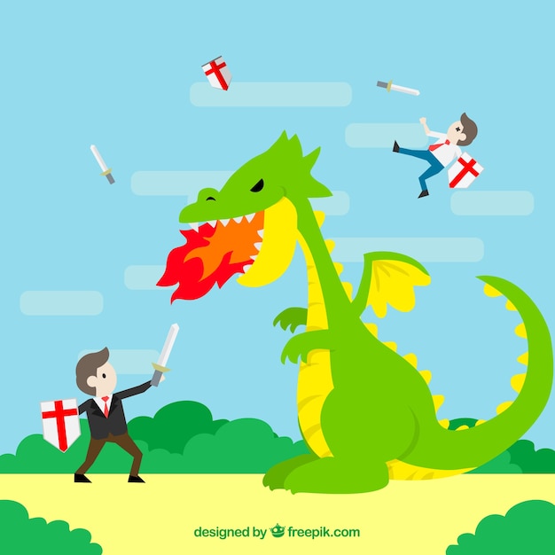 Vector gratuito fondo de personaje de negocios luchando con un dragón