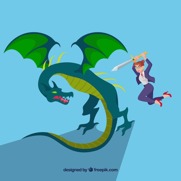 Fondo de personaje de negocios peleando con dragón
