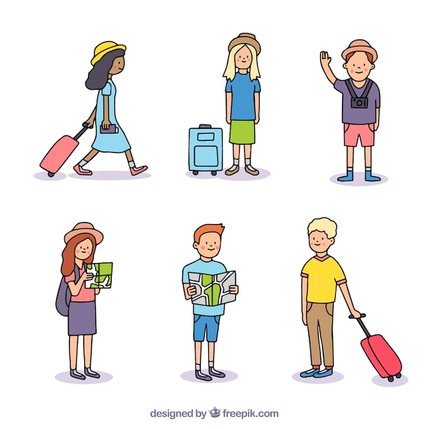 Vector gratuito fondo de personas viajando en estilo hecho a mano