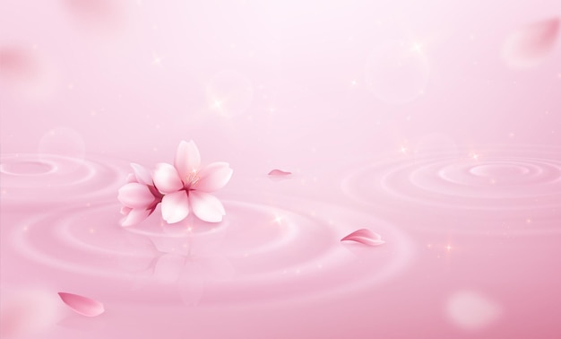 Fondo de pétalos de círculos de agua composición rosa realista con brillo y flores de sakura