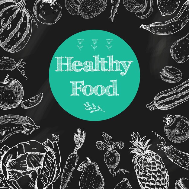 Fondo de pizarra de dieta de alimentos saludables con frutas y verduras