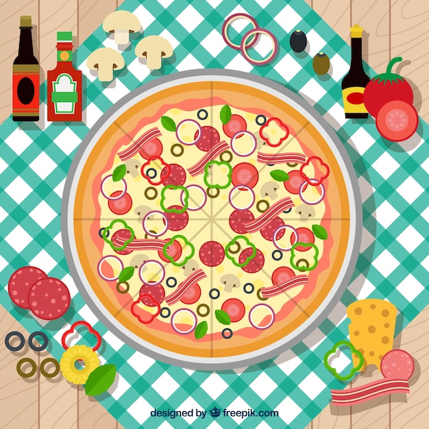 Vector gratuito fondo con una pizza sobre un mantel